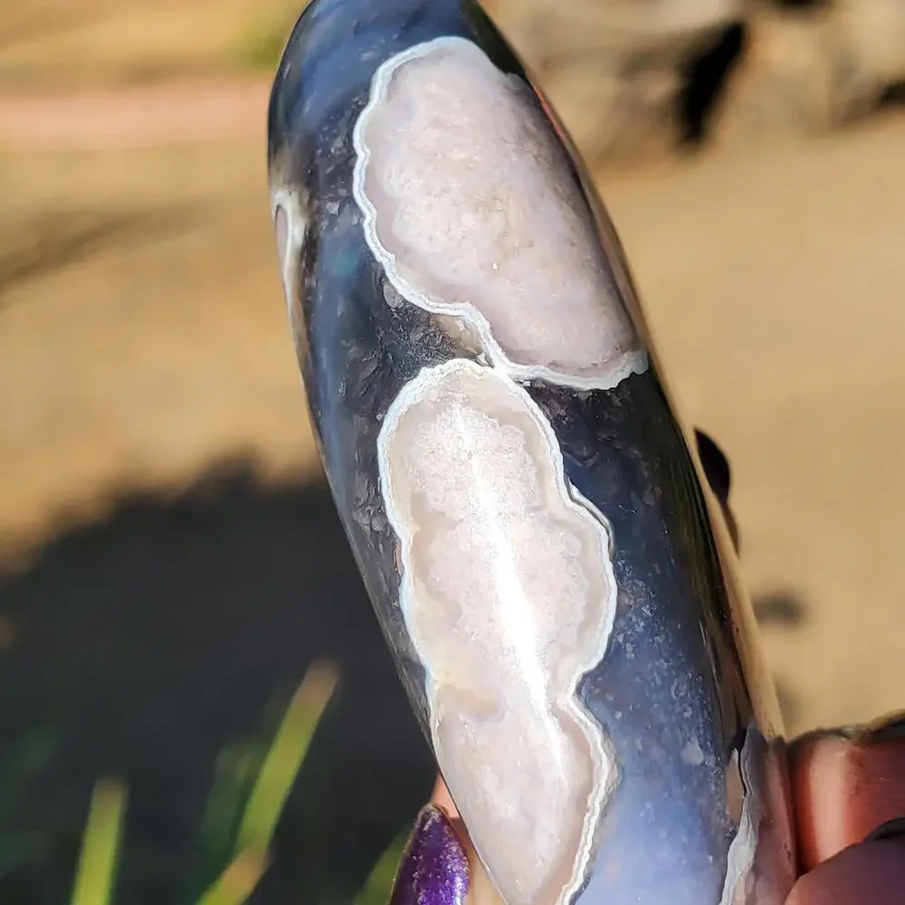 Blue Flower Blossom Agate Translucent Palmstone Crystal 68 grams